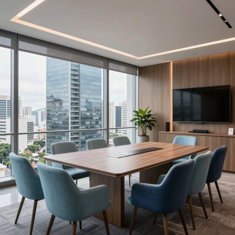 A modern meeting room in a Brazilian skyscraper with city views, sleek furniture, light blue and navy accents, professional setup.