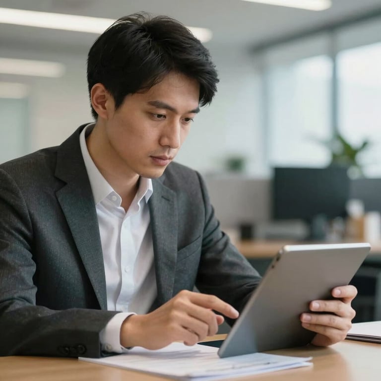 A professional associate reviewing documents on a tablet, focused expression, blurred office background, soft lighting, professional attire.