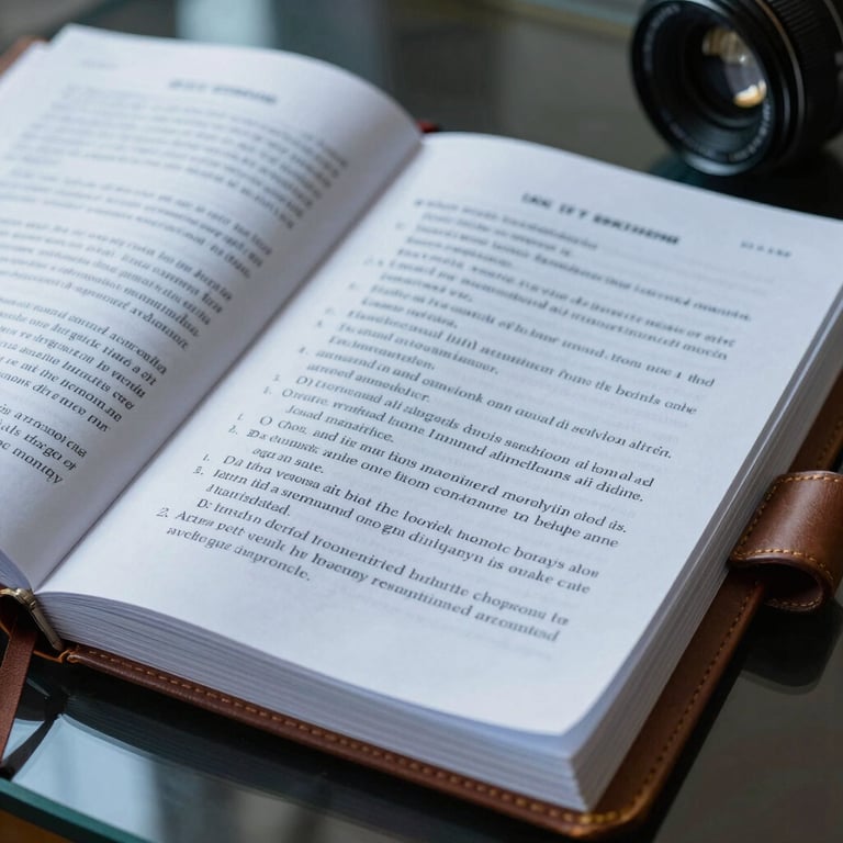Detailed shot of legal codes and a leather-bound notebook on a glass table, focus on paper textures, medium blue color tones.