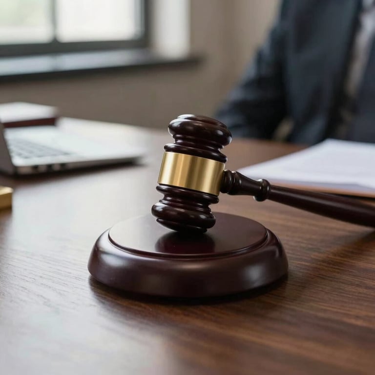 Close-up of a legal gavel on a dark wood desk in a Brazilian law office, soft daylight from a side window, professional atmosphere.