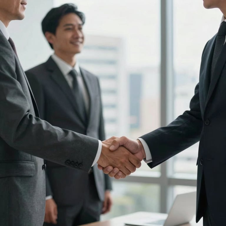 A firm handshake between two professionals in business attire within a bright, modern office in a South American city. Trustworthy mood.