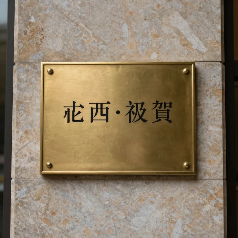 Elegant brass nameplate of a law firm on a textured marble wall at the entrance, professional lighting, serious and established tone.