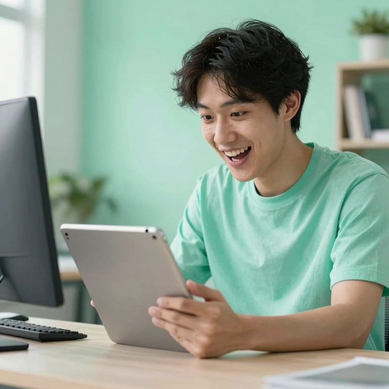 Modern English-speaking workspace with vibrant mint green accents, a person looking at a tablet with a focused and excited expression.
