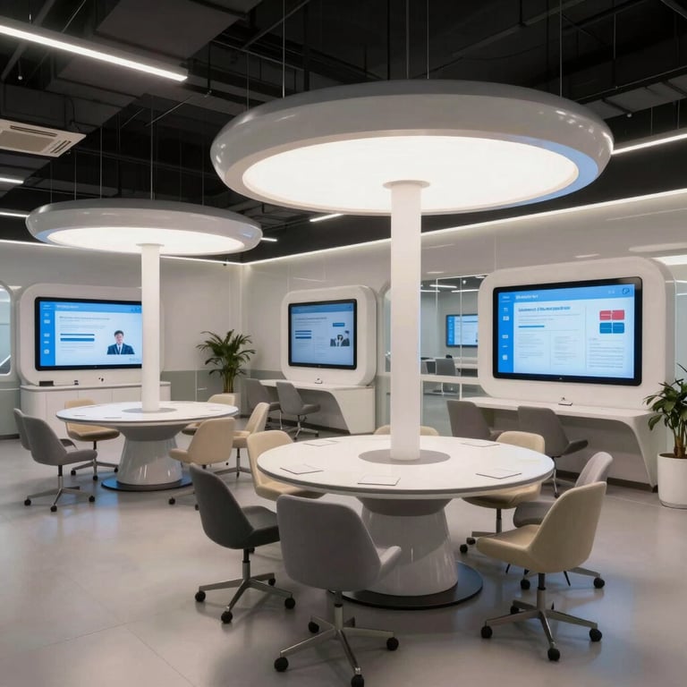 Wide shot of an innovative learning center with futuristic furniture and interactive digital displays, clean architectural style.