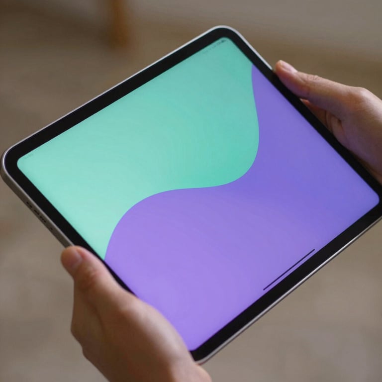 Close up of hands holding a modern tablet showing a colorful interface with vibrant mint and purple elements.
