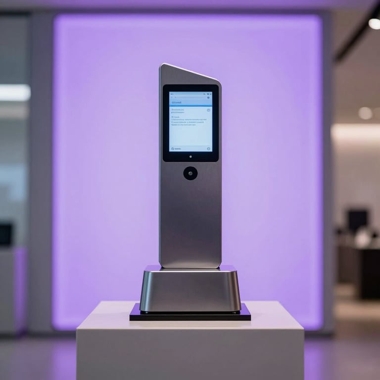 A sleek digital trophy display on a minimalist pedestal in a high-tech lobby, soft bright purple backlighting.
