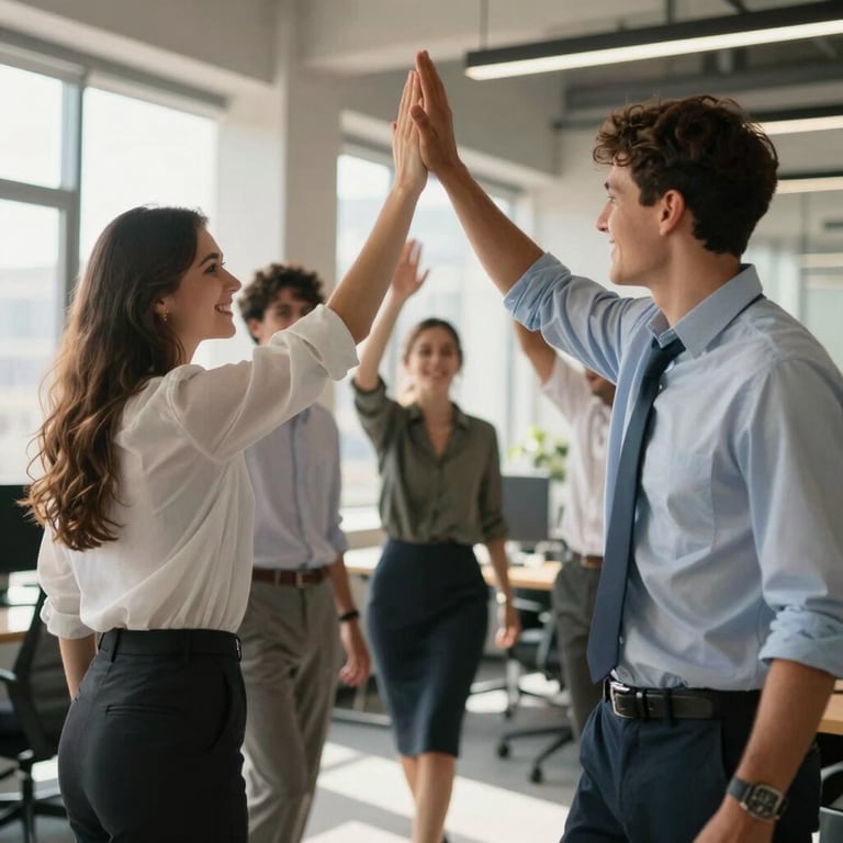 A team of young professionals high-fiving in a contemporary sunlit office, dynamic movement, professional setting.