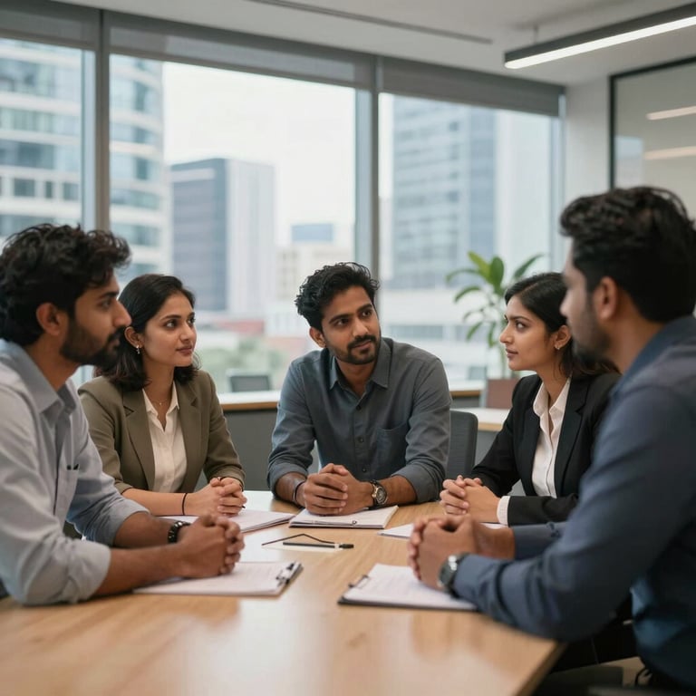 A group of South Asian / Indian employees having a collaborative discussion in a modern corporate breakroom with city views.