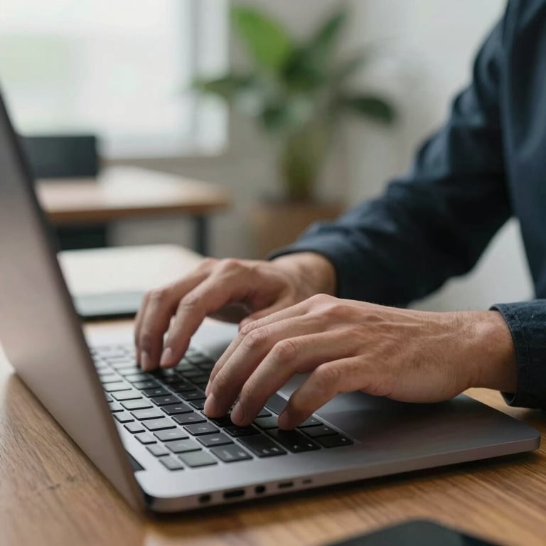 Close-up of a professional developer's hands typing on a laptop in a modern, well-lit workspace with a plant in the background.