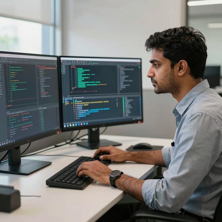 A focused South Asian / Indian programmer working on complex software at a desk with dual monitors in a bright Chennai office.