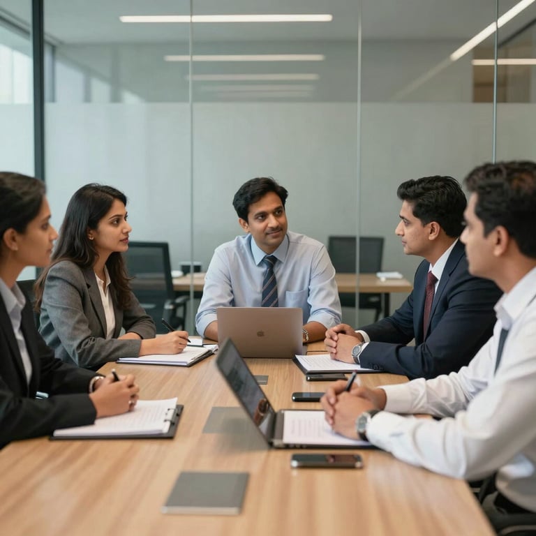 A team meeting of professional South Asian / Indian men and women discussing strategy in a glass-walled conference room.