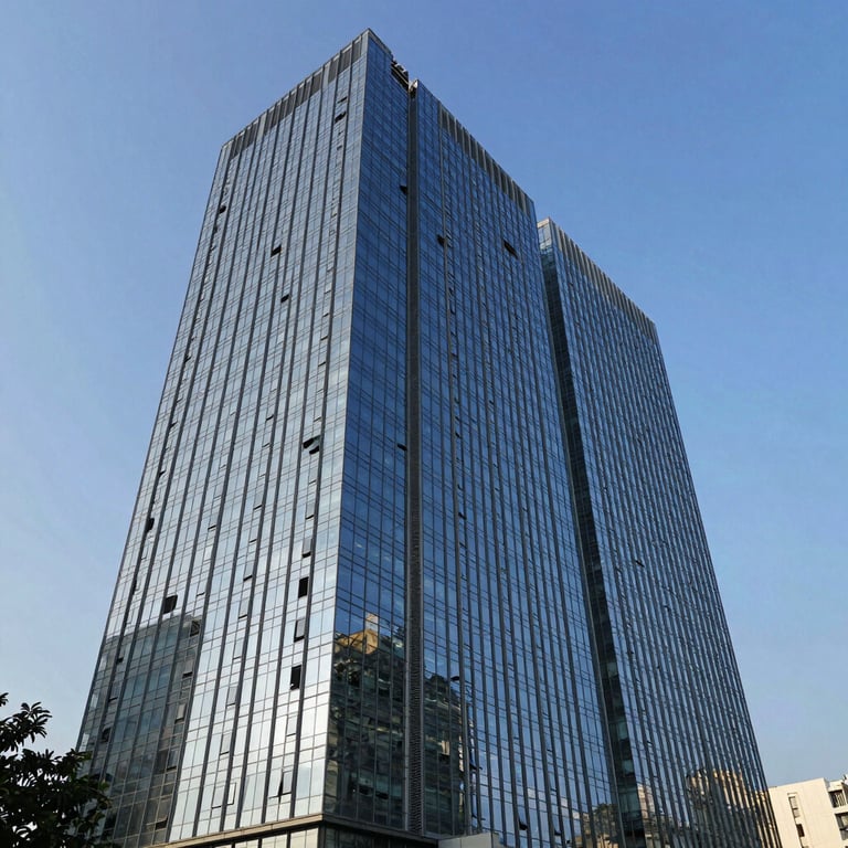 The impressive glass exterior of a modern IT park building in Chennai, reflecting a clear blue sky during the daytime.