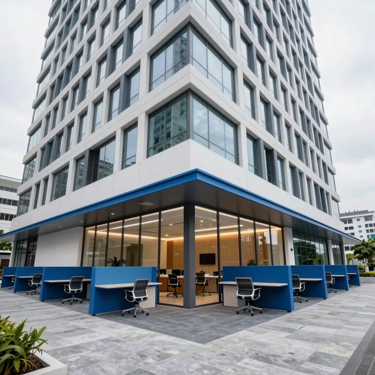 A wide shot of a modern open-plan office in a high-rise building at Taramani, featuring clean lines and blue furniture accents.