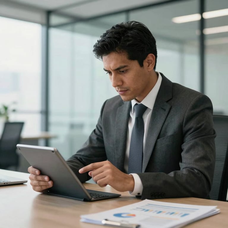 A Latin American business professional in a suit reviewing strategic data on a tablet in a bright glass-walled office.