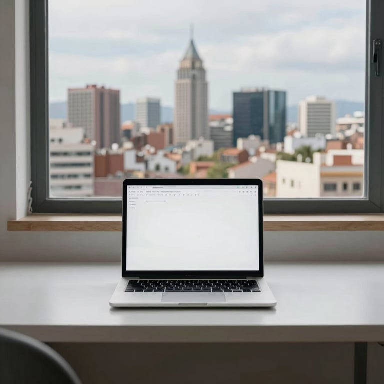 A clean, minimalist workstation with a laptop and a view of a bustling Spanish-speaking city skyline.
