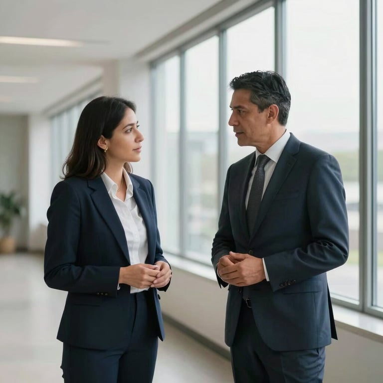 Two Latin American business colleagues talking in a professional, minimalist hallway with large windows.