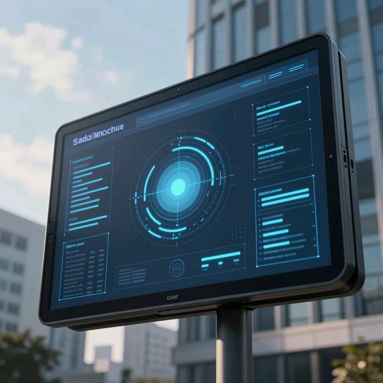 Close-up of a digital security interface in a modern corporate building with soft sky blue lighting.