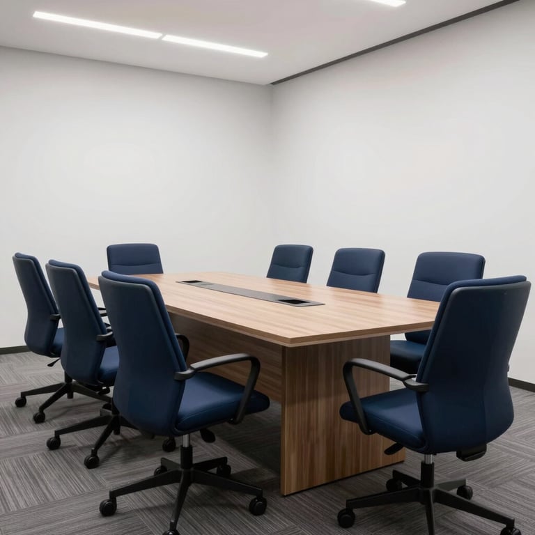 A modern conference room with cloud white walls and deep navy blue ergonomic chairs in a professional setting.