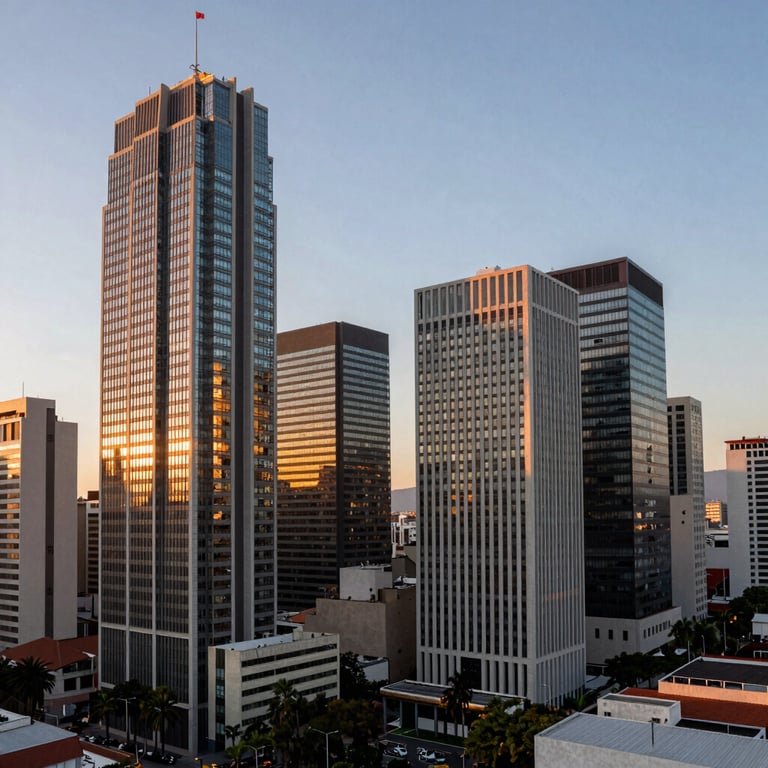 Wide shot of a metropolitan financial district in a Latin American city at sunset with professional office buildings.