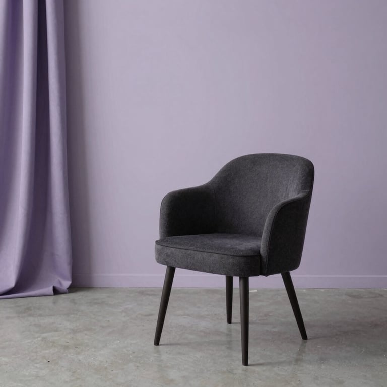 A minimalist YouTube studio set with a comfortable deep charcoal chair and soft lavender decorative elements in a European / Parisian French loft.