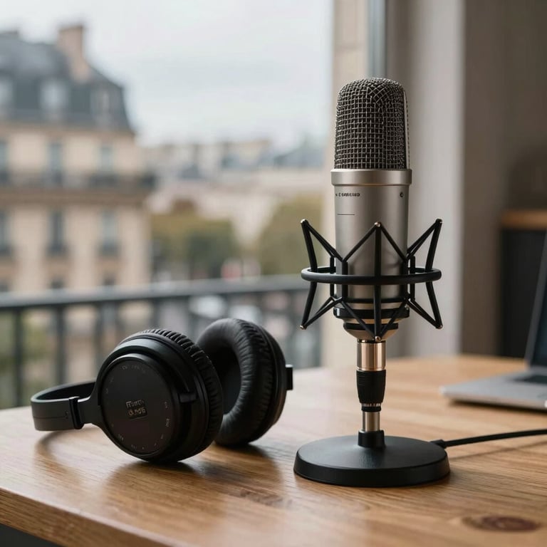 A professional podcast setup with a high-end microphone and headphones on a wooden desk, blurred European / Parisian French city view in the background.