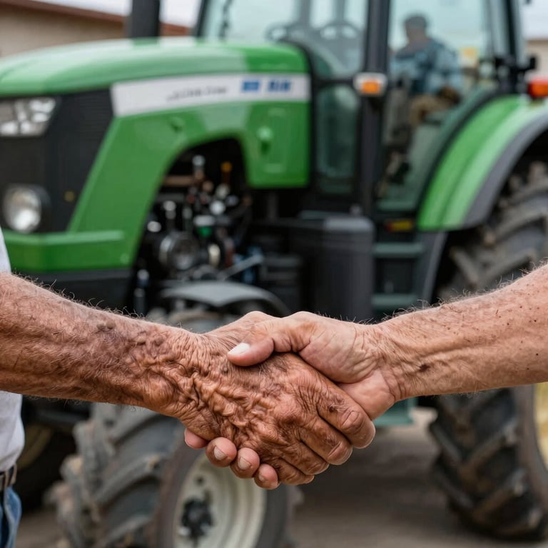 Close-up shot of weathered hands of a Turkish farmer shaking hands with an elder gallery owner in front of a green tractor engine bay, natural outdoor daylight, warm trust.