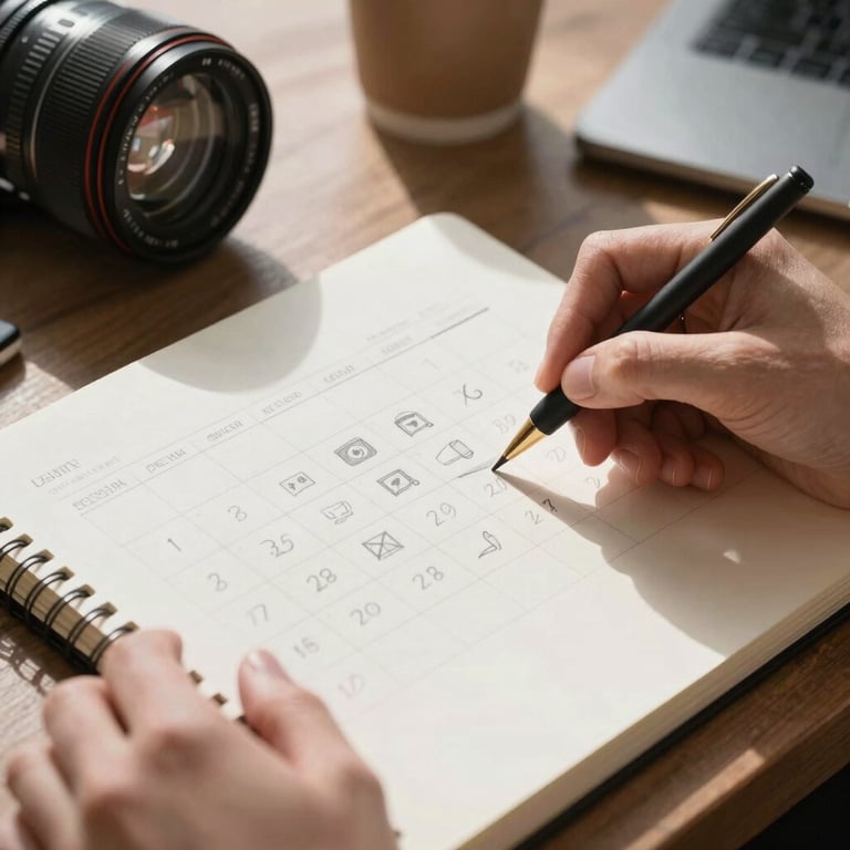 A close-up of hands sketching a social media content calendar on a crisp parchment paper notebook in a sunlit North American office.