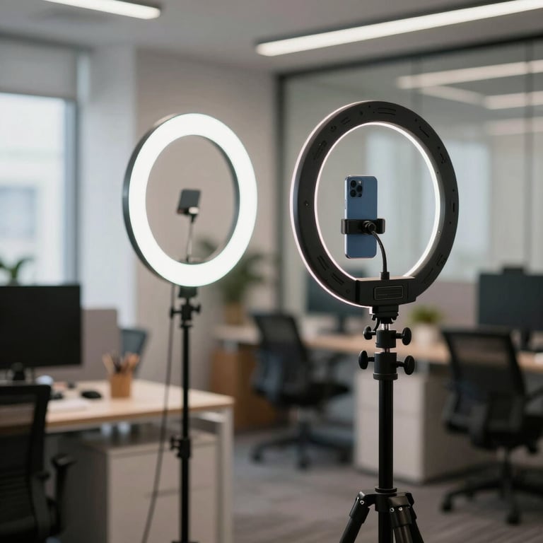 A professional photo shoot in a modern US office featuring a ring light and a smartphone on a tripod, capturing behind-the-scenes magic.