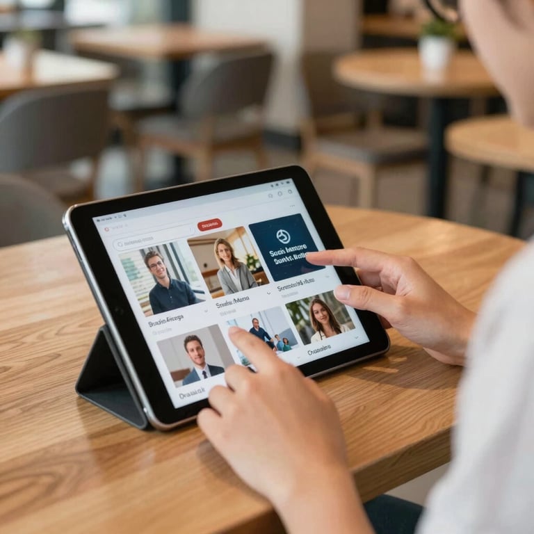 A person managing a brand's social media feed on a tablet while sitting in a bright, modern North American cafe.