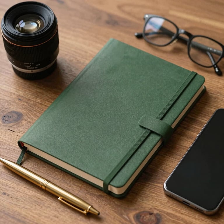 A flat lay of office supplies including a matte forest green notebook, a gold pen, and a high-end smartphone on a wooden surface.