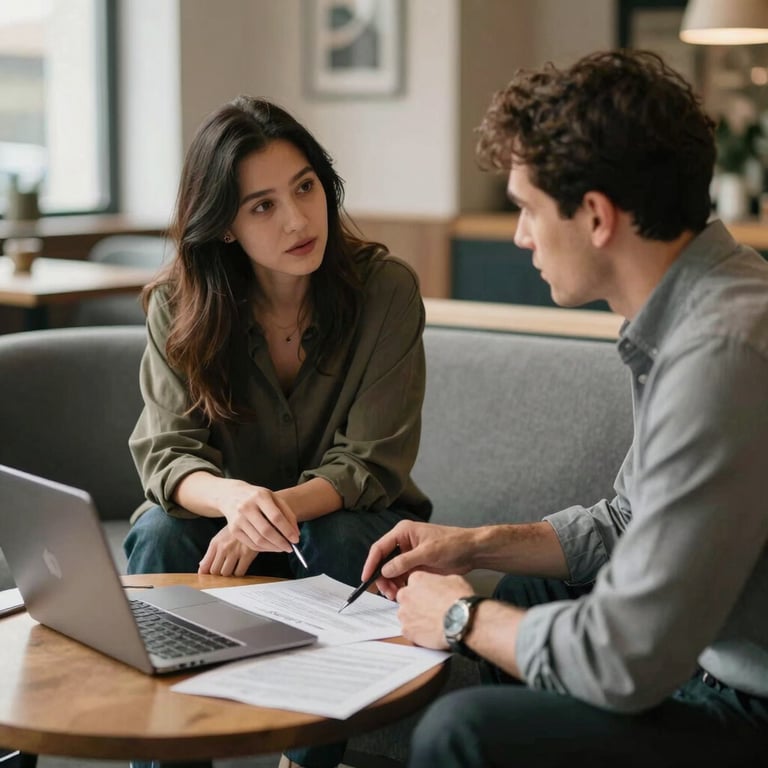 A cozy Scandinavian lounge area with two professionals in business casual attire discussing a digital marketing plan.