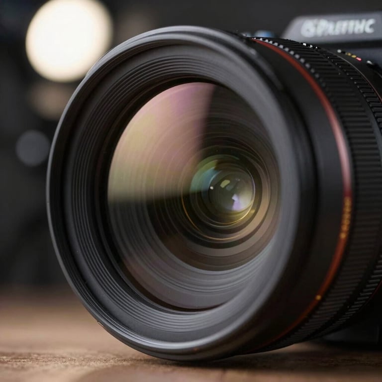 Close-up of a high-quality camera lens reflecting a studio light setup, emphasizing a professional and creative atmosphere.