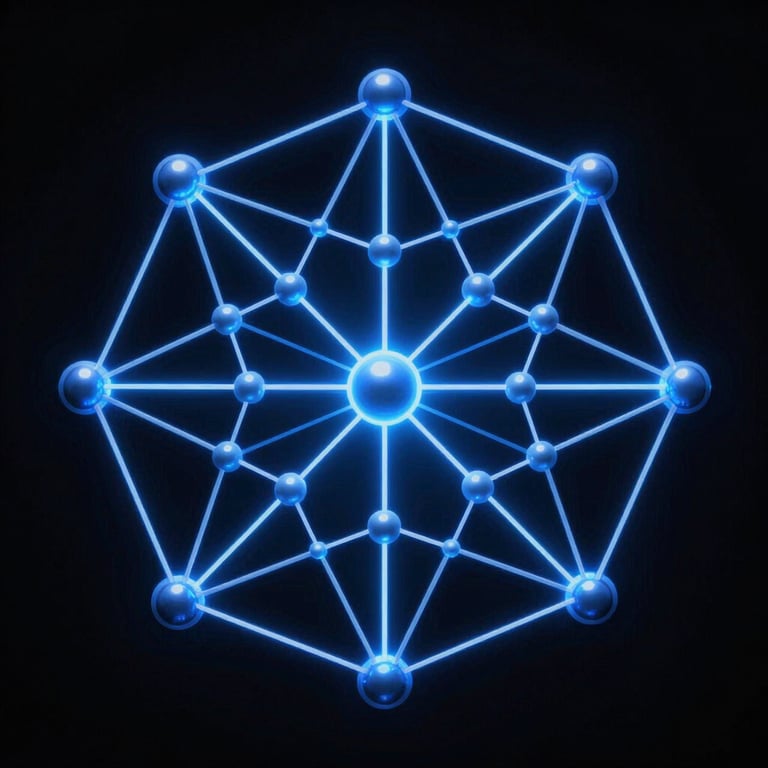 Symmetrical macro shot of a clean node-based network diagram, glowing electric blue lines on a deep black background, sharp focus, technical schematic look.