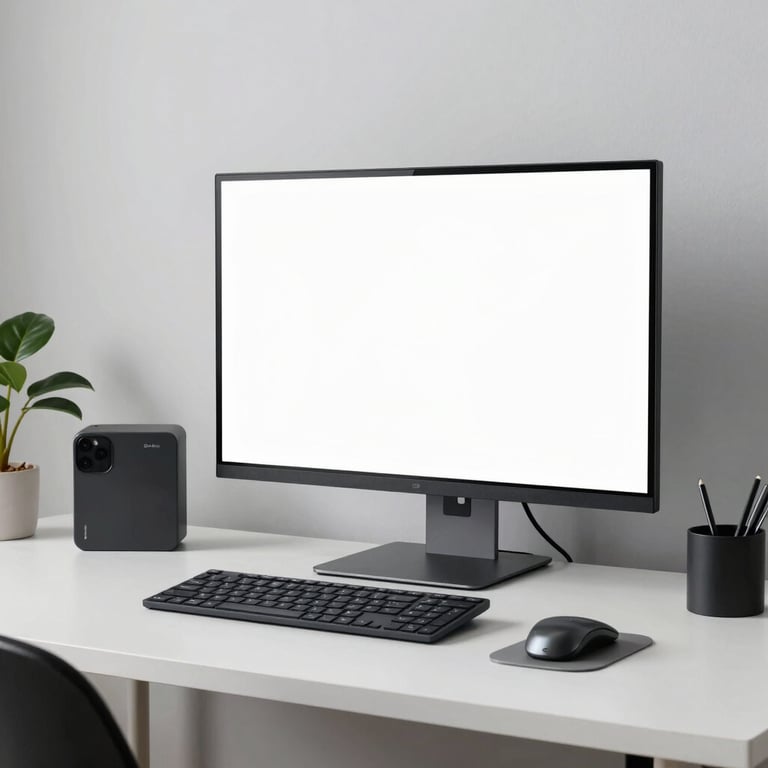 A minimalist desk setup in a North American home office featuring a large monitor and high-end tech accessories, bright and clean aesthetic.