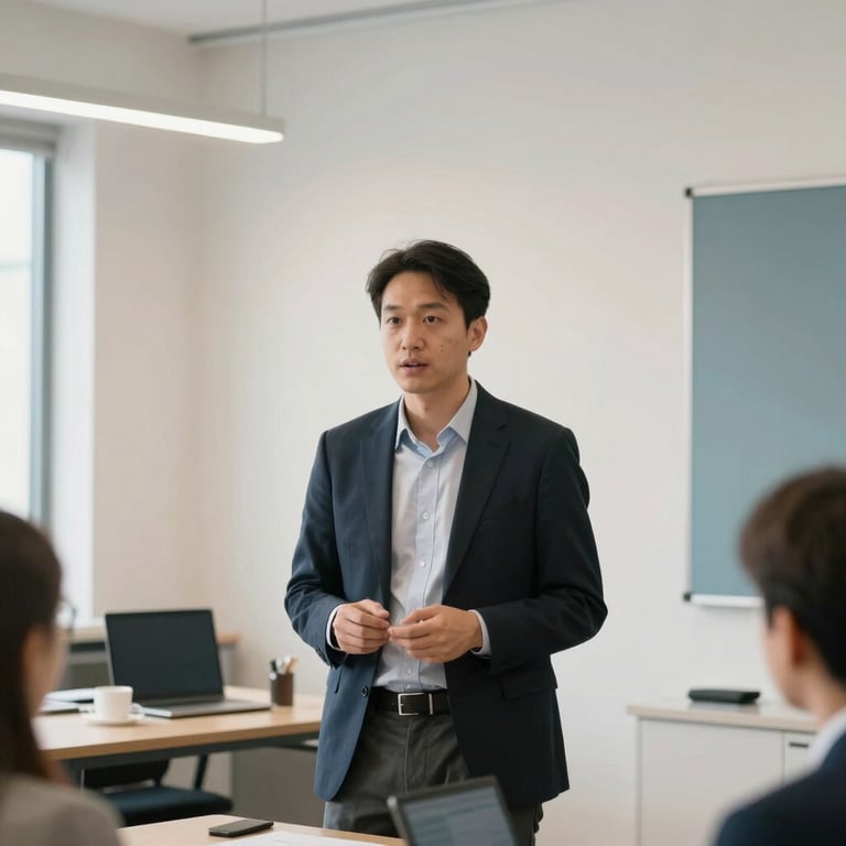 A professional leading a discussion in a bright, contemporary North American workspace with off-white walls and slate blue accents.
