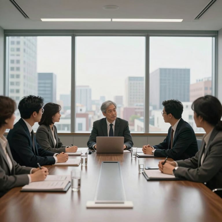 A collaborative meeting in a modern North American boardroom with large windows overlooking a city, soft morning light, professional atmosphere.