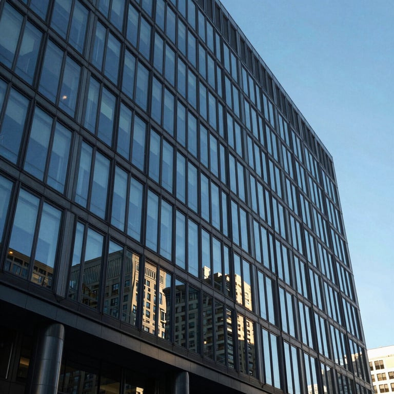 Modern urban architecture of a North American office building made of glass and steel, reflecting a clear blue sky, sharp focus.
