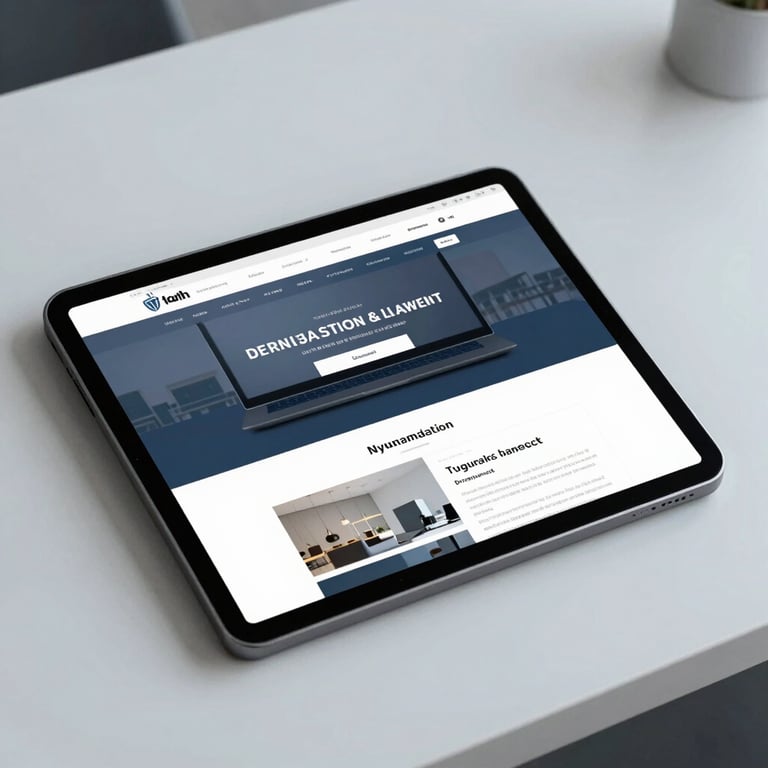A close-up of a high-resolution tablet screen displaying a sleek, modern website design for a business, set on a clean minimalist desk in a North American office with muted blue and white tones.