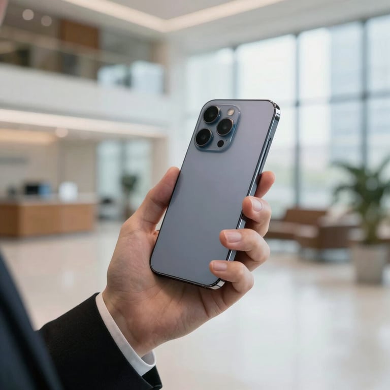 A close-up of a person in professional attire holding a sleek smartphone in a bright North American office lobby, natural lighting.