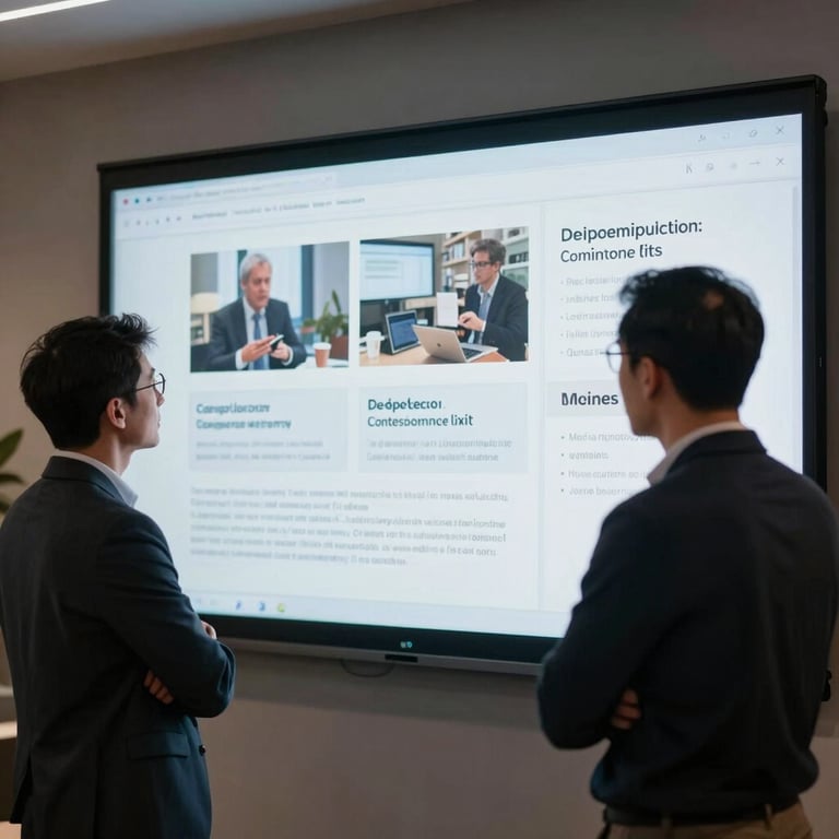 Two professionals reviewing content on a large interactive screen in a sophisticated North American tech environment, soft ambient lighting.