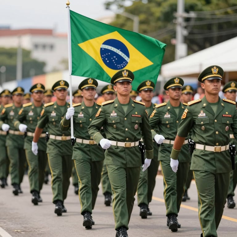 Brazilian Marines marching in a parade with the national flag, representing honor and respect, daylight, vibrant yet professional.