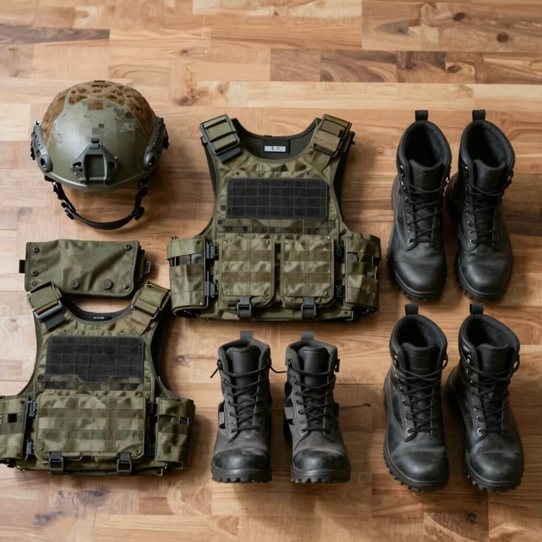 Detailed shot of tactical equipment including a helmet, vest, and boots organized neatly on a wooden surface.