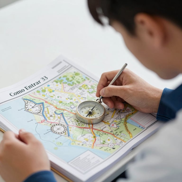 Close-up of a student marine studying a manual with a compass and map, representing the 'Como Entrar' strategy and dedication.
