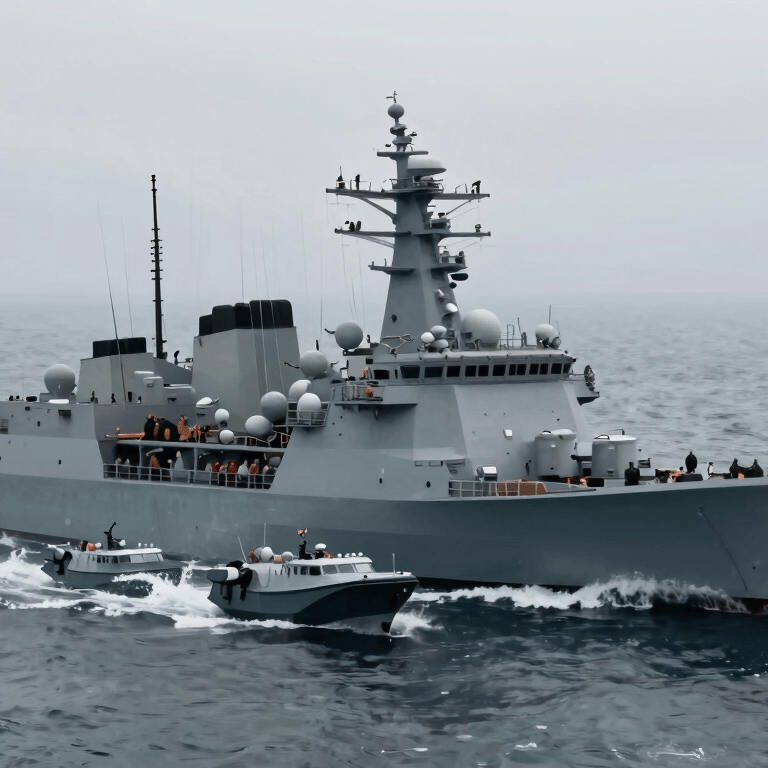Marines in camouflage gear conducting an amphibious landing on a beach, cinematic lighting, using #3E544D and #8D9D95 tones.