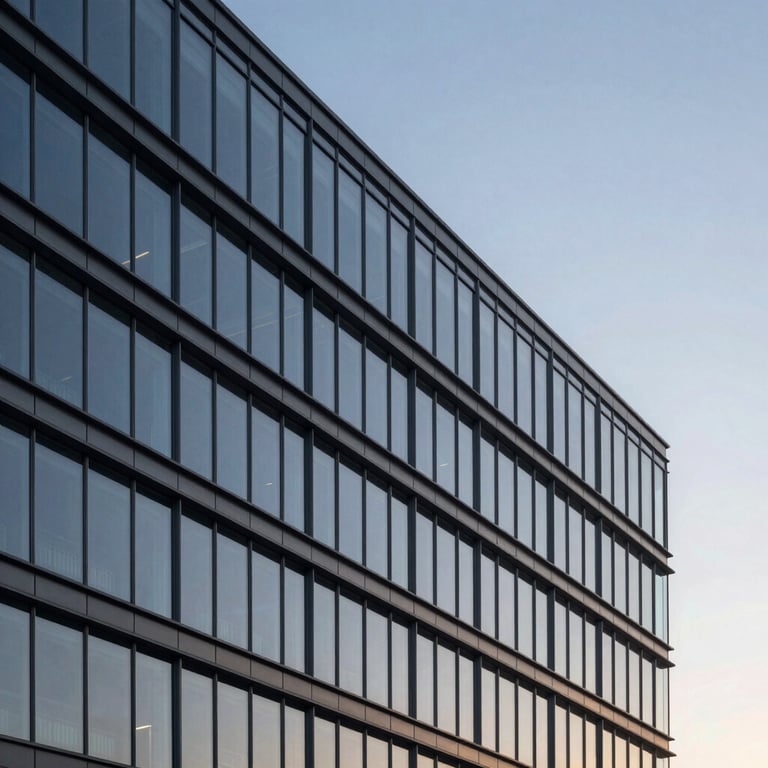 A clean, architectural shot of a modern glass and steel building facade against a twilight sky.