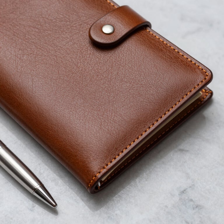 A detailed shot of a high-end leather portfolio and silver pen on a light gray marble surface.