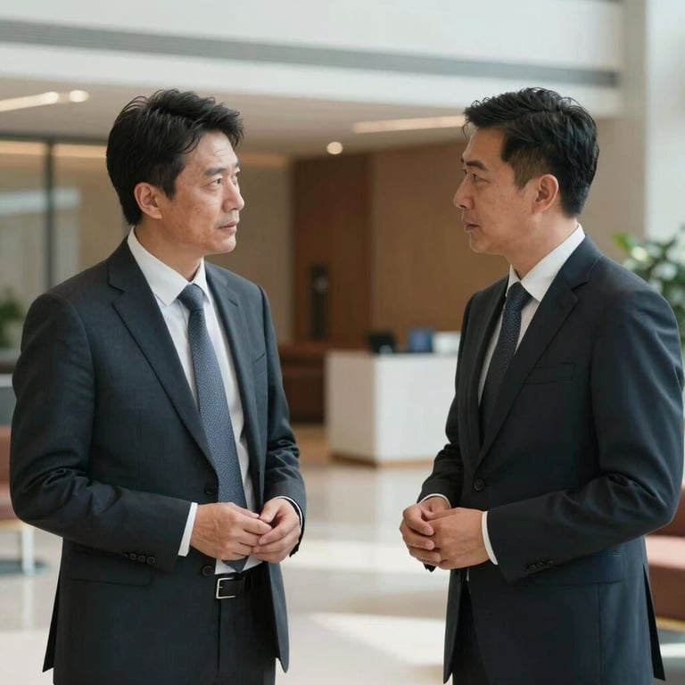 Two professionals in business attire engaging in a quiet, discreet discussion in a high-end corporate lobby.