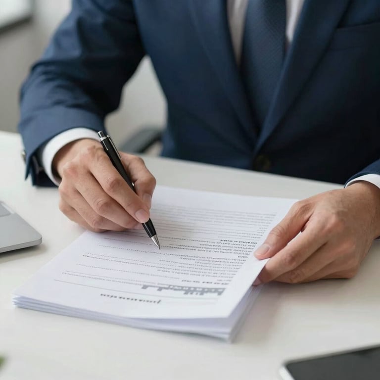 Close-up of a professional in a navy blue suit reviewing financial documents on a minimalist desk.