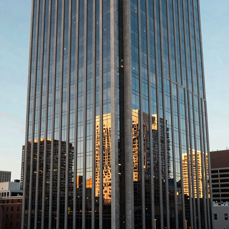 Modern North American skyscraper reflecting a clear sky and urban landscape.