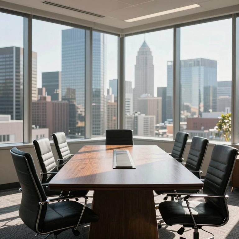 An elegant, sunlit boardroom in a high-rise office in a North American business district.